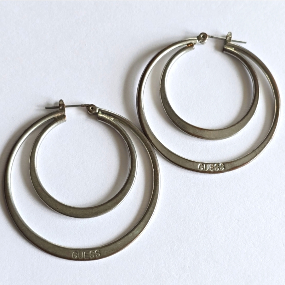 Guess earrings large double hoop silver tone y2k hoops